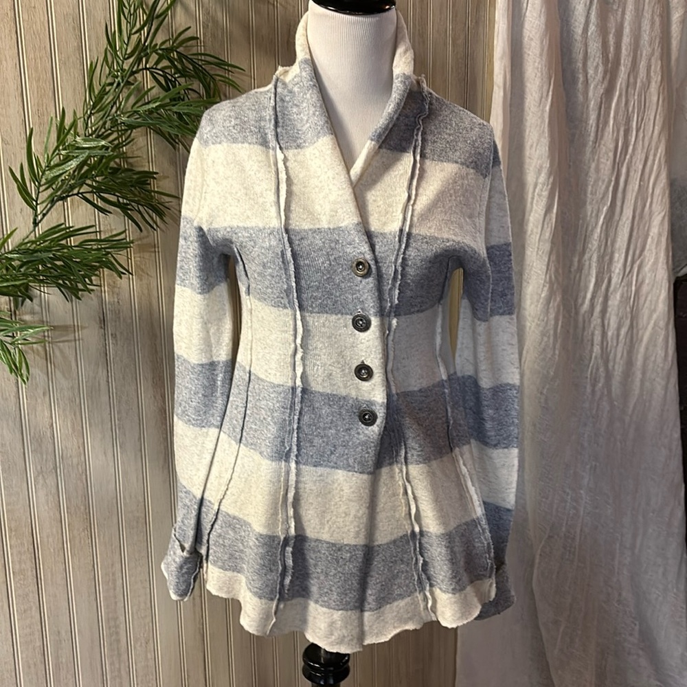 Free People Wool Blend Cardigan Sweater, Gray/Cream, Small, EUC, cotton lined